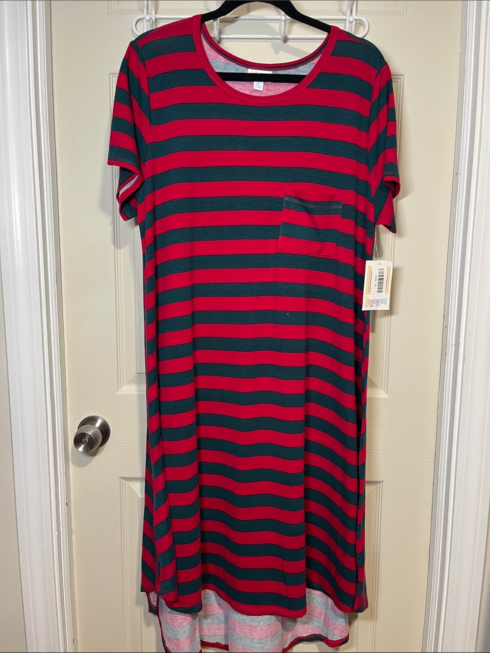 LuLaRoe Red and Green Striped Short-Sleeve Pocket Dress